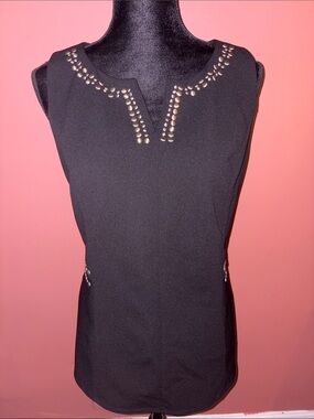 dennis basso Black Sleeveless Top with Gold Stud Detailing